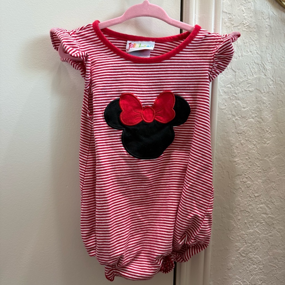 Red Striped Minnie Mouse Embroidered Bubble Romper